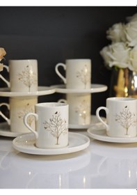 Resim Shn Hayat Ağacı Desenli 6 Kişilik Kahve Fincan Takımı Beyaz 