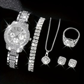 Resim 7 parça Unisex Lüks Taşlı İngilizce Saat Hiphop Moda Analog Saat ve Takı Seti, Anne için Hediye 