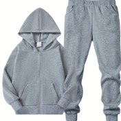 Resim Çocuklar için Dış Mekan Spor Giyimi Uygun İki Parçalı Düz Renk Uzun Kollu Fermuarlı Kapüşonlu Ceket ve Pantolon Takımı - Rahat, Hafif Esnek 