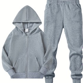 Resim Çocuklar için Dış Mekan Spor Giyimi Uygun İki Parçalı Düz Renk Uzun Kollu Fermuarlı Kapüşonlu Ceket ve Pantolon Takımı - Rahat, Hafif Esnek 