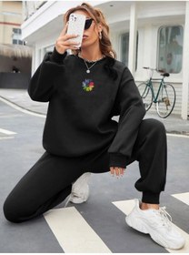 Resim LAND MODA Kadın Renki Çiçek Baskılı Sweatshirt Eşofman Alt Üst Takımı 