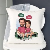Resim Karikatürlü Banktaki Aşıklar Yastık 