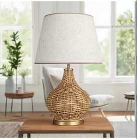 Resim Sorel Gold Kahverengi Gövde Krem Başlık Rattan Dekoratif Abajur Kahverengi 