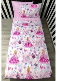 Resim Tek Kişilik Nevresim Takımı Kız Çocuk Ranforce Pamuklu Prenses Desenli 155x230 Cm Açık Pembe 