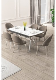 Resim Canisa Weps Serisi 89x150 Açılabilir Lak Panel Beyaz Mermer Krom Ayak Masa Takımı Ve 6 Cappucino Sandalye Beyaz Mermer Desen Masa Cappucino Sandalye 