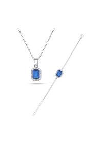 Resim Brezza Lusso Jewelry 925 Ayar Gümüş Safir Taşlı Baget Kadın Kolye Bileklik Set 42901228 