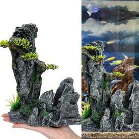 Resim Yosun ve Küçük Bitkilerle Reçine Akvaryum Dağ Kaya Mağarası Süslemesi, Balık Tankı Peyzaj Dekorasyon Aksesuarı - Su Manzaraları için Yeşillik Vurgulu Gerçekçi Taş Tasarımı 