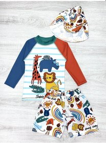 Resim Güneş Korumalı Boneli Karakter Desenli Deniz Şortlu Mayo Takım Açık Yeşil 