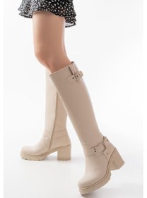 Resim 767-3005 Bej Toka Aksesuarlı Fermuarlı Günlük Kalın Topuklu Kadın Çizme Bej 