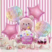 Resim 6 parça Lüks Pasta Ayı Doğum Günü Balon Seti, yıldız gibi üç farklı şekilli balonlarla, yaz partileri, doğum günü partileri, yıldönümleri için uygun, iç ve dış mekan dekorasyonu. 