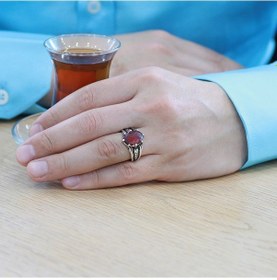 Resim Faset Kırmızı Zirkon Taşlı Oval Tasarım 925 Ayar Gümüş Erkek Yüzük 