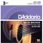 Resim D'Addario EJ-13 3D 80/20 Custom Light Bronze 3'lü Paket Akustik Gitar Teli (.011-.052) 