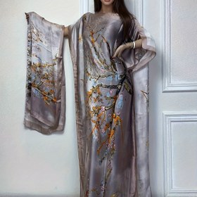 Resim Ağaç Baskılı Yuvarlak Yaka Kaftan Elbise, Şık Yarasa Kol Bol Kesim Maxi Elbise Bir Eşarp İle, Kadın Giyim 