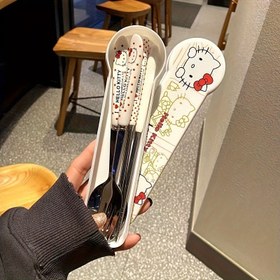 Resim Sanrio Hello Kitty Paslanmaz Çelik Yemek Takımı, 3 Parça - Taşınabilir, Dış Mekan, Okul ve Ofis Kullanımına Uygun - Kutu Dahil 