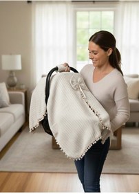 Resim Örgülü Keten Puset Örtüsü - Yeşil Renk Ponponlu Bebek Taşıma Örtüsü Bej 