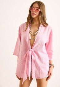 Resim Olalook Kadın Pembe Önü Bağcıklı Flam Keten Salaş Kimono KMN-00000072 