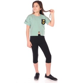 Resim Toontoy Kids Toontoy Kız Çocuk 2'li Takım Baskılı Bisiklet Yaka T-shirt & Beli Lastikli Crop Tayt - Yırtmaç Detaylı Yeşil 
