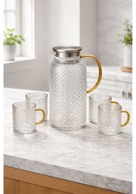 Resim Morponi Borosilikat Cam Gold Saplı Buzlu 5 Parça Sürahi Takımı Royal 1800 Ml 