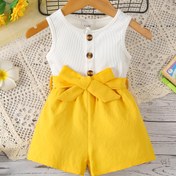 Resim Bahar ve Yaz Modası Sevimli Kolsuz Romper, Yelek Detaylı - Beyaz ve Kırmızı, Düğmeli Ön, Esnek Polyester Karışımı, Gençler için Rahat Stil, Açık Hava için 