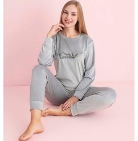 Resim Pijamerry Kadın Kışlık Bisiklet Yaka Kadife Pijama Takımı 3023g - 1 Adet Gümüş 