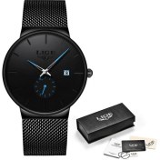 Resim Hanyang Siyah Mavi Lıge Moda Erkek Saatler Üst Marka Lüks Ultra Ince Kuvars Izle Erkekler Için Örgü Kayış Su Geçirmez Altın Saat Relogio Masculino (Yurt Dışından) 