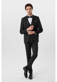 Resim Süvari Siyah Slim Fit Armürlü Sivri Yaka 6 Drop Smokin & Damatlık 