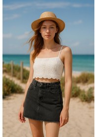 Resim Yüksek Bel Püsküllü Mini Jean Etek Buz Mavisi 