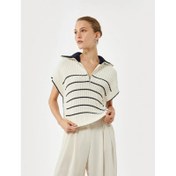 Resim Koton Yanları Yırtmaçlı Yarım Fermuarlı Polo Yaka Çizgili Kadın Triko Süveter 6WAK20009HT (6WAK20009HT) 