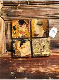 Resim Oscar Stone Decor Taş Bardak Altlığı Stone Coasters - 4 Lü Set(10 Cmx10 Cm) Gustav Klimt Ba477 