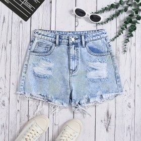 Resim Kızlar İçin Yıkanmış Distressed, Trendy Püskül Detaylı Kot Şort – 13-16 Yaş Gençler için Yeni Bahar Koleksiyonu 