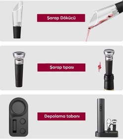 Resim Ezere Otomatik Şarap Açacağı Tirbuşon Seti Şarap Açma Seti Siyah 