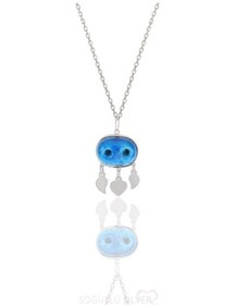 Resim Gümüş Süryani Nazar Boncuğu Kolye Küpe Ve Bileklik Üçlü Set 