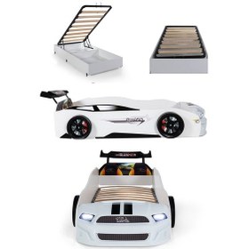 Resim Bazalı Beyaz Arabalı Yatak Sport Mst Işıklı 90x190 Cm 