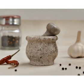 Resim Terra - Yüksek Kaliteli Mermer Havan - El Yapımı Özel Tasarım Traverten Mermer Havan - Taş Sarımsak Dövücü 