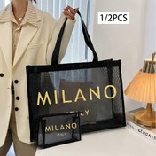 Resim Büyük Kapasiteli Mesh Omuz Çantası - Silvery "Milano" Baskılı - Kadınlar için Taşınabilir Plaj Çantası, Günlük Kullanım, Tarihler, Yaz Tatilleri, Seyahat, İş, Piknikler, Kamp - Dayanıklı Polyester, Güvenli Toka Kapatma, Büyük Çanta 