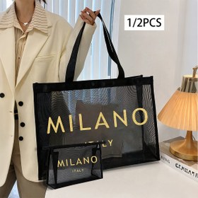 Resim Büyük Kapasiteli Mesh Omuz Çantası - Silvery "Milano" Baskılı - Kadınlar için Taşınabilir Plaj Çantası, Günlük Kullanım, Tarihler, Yaz Tatilleri, Seyahat, İş, Piknikler, Kamp - Dayanıklı Polyester, Güvenli Toka Kapatma, Büyük Çanta 