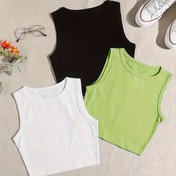 Resim Solid Crew Neck Tank Top 3 Paketi, Rahat Kolsuz Çok Yönlü Tank Top, Kadın Giyim 
