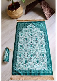 Resim Rumi Desenli İpek Dokulu Keseli Seccade S1030 Yeşil Renk Mavi 