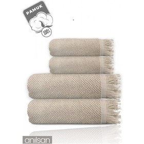Resim 4'lü Bej Jelena Havlu Seti %100 Pamuk - 2 Adet El Havlusu 50x90 Ve 2 Adet Banyo Havlusu 70x140 Bej 