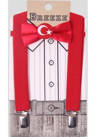 Resim Breeze Erkek Çocuk Türk Bayraklı Papyonlu Pantolon Askısı Standart, Kırmızı - Kırmızı 