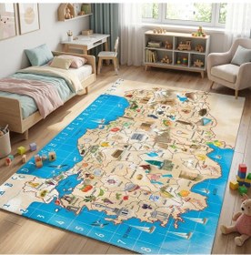 Resim Türkiye Haritası Desenli Eğitici Çocuk Halısı Kaymaz Tabanlı Yıkanabilir Dijital Baskı Çok Renkli 