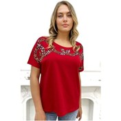 Resim Bol Kalıp Leopar Crystal Taşlı Büyük Beden Kırmızı Şık Rahat Kadın T-shirt Kırmızı 