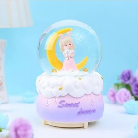 Resim Pilli Işıklı Müzikli Kar Küresi Hilal Ay Önünde Prenses Figürlü Eğlenceli Masaüstü Biblo, Led Aydınlatmalı Dekoratif Hediyelik Kar Küresi Pembe 