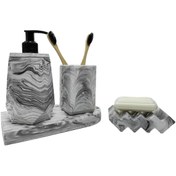 Resim 4'lü Mermer Desenli Görünümlü Banyo Seti Tuvalet Wc Sıvı Sabunluk Diş Fırçalığı Beton Aksesuar Takım 