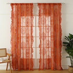 Resim 1 adet Fransız Ülke Turuncu Çiçekli Dantel Perde - Yarı Şeffaf, Çubuk Cep Tasarımı, Oturma Odası Dekoru için Makinede Yıkanabilir Polyester, Oturma Odası için Perdeler 