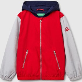 Resim Benetton Erkek Çocuk Kırmızı Mix Kolu Logo Detaylı Astarlı Kapüşonlu Yağmurluk - 8-9 Yaş 