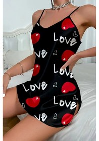 Resim Hello Papana Hello Papana Love Desenli Siyah Saten Gecelik Çok Renkli 