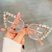 Resim Parlak Taşlı Kedi Gözü Gözlükler - Kadınlar için Şık Mavi Işık Engelleyici Parti Çerçeveleri, Glitterli Şeffaf Lensler, Altın Tonlu Metal Menteşeler, Etkinlikler & Moda için Mükemmel, Parti Gözlükleri | Göz Alıcı Gözlükler | Polikarbonat Lensler 