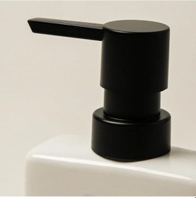 Resim Modern Banyo Mutfak Seramik Sabunluk Ve Süngerlik Seti, Beyaz, 380ml Dispenser, Siyah Pompalı, 9x7x17cm 