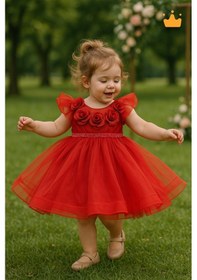 Resim Babyhola 2-8 Yaş Gül Yakalı Grenli Kabarık Tül Kız Bebek Çocuk Abiye Elbise Bayramlık Gelinlik 3502 Kırmızı 